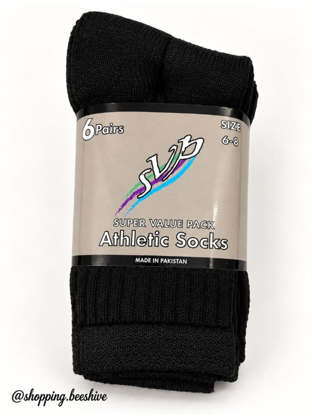 B2GO Value Pack Athletic Socks 6 Pairs Black Size 6-8 70% Recycled Cotton NEW